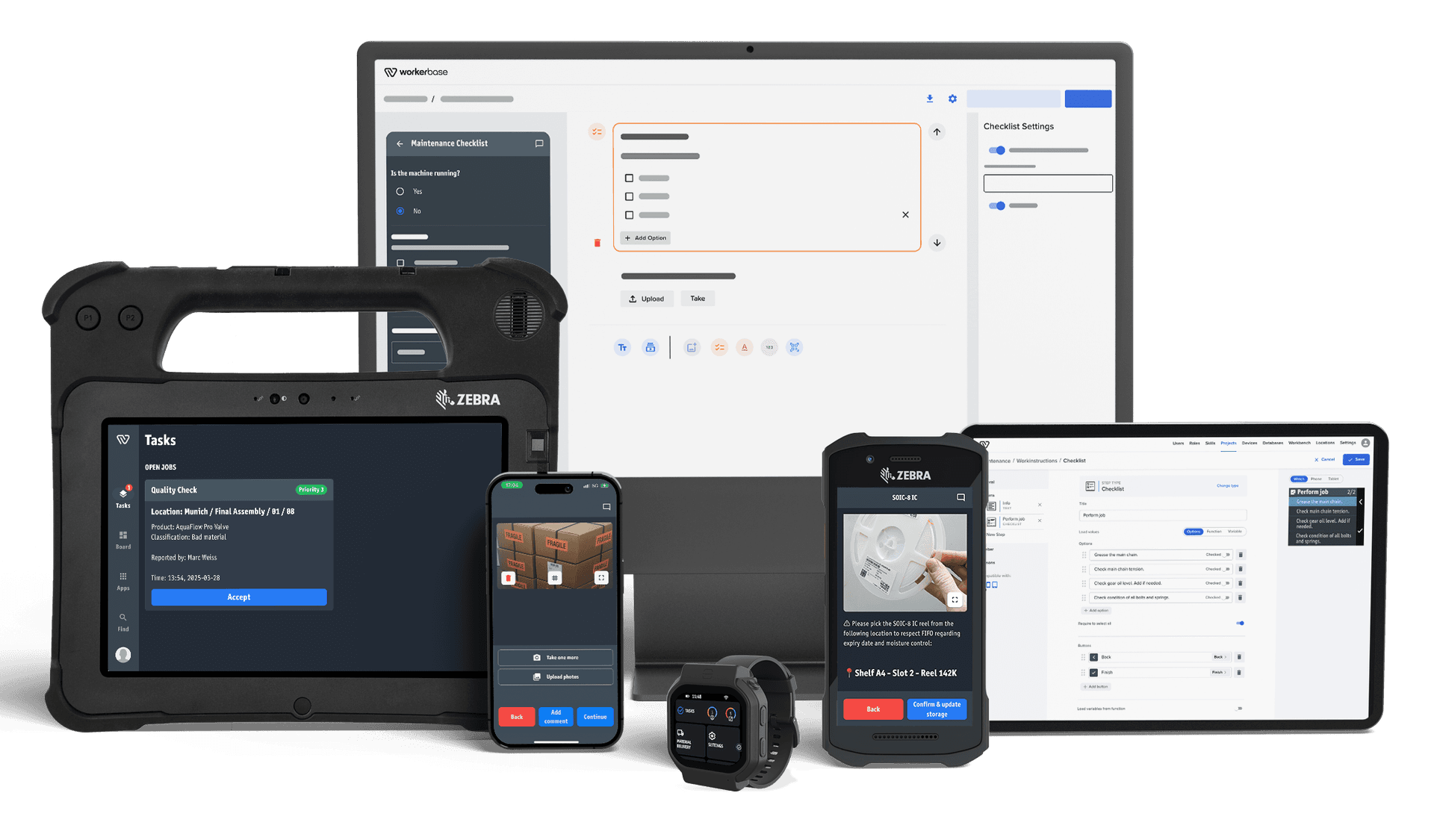 Tablets and phones on the shop floor showing Workerbase apps and dashboards