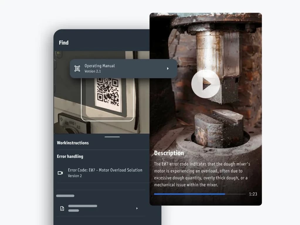 Workerbase Find app: scan a machine to open work instructions, error handling, and linked manuals