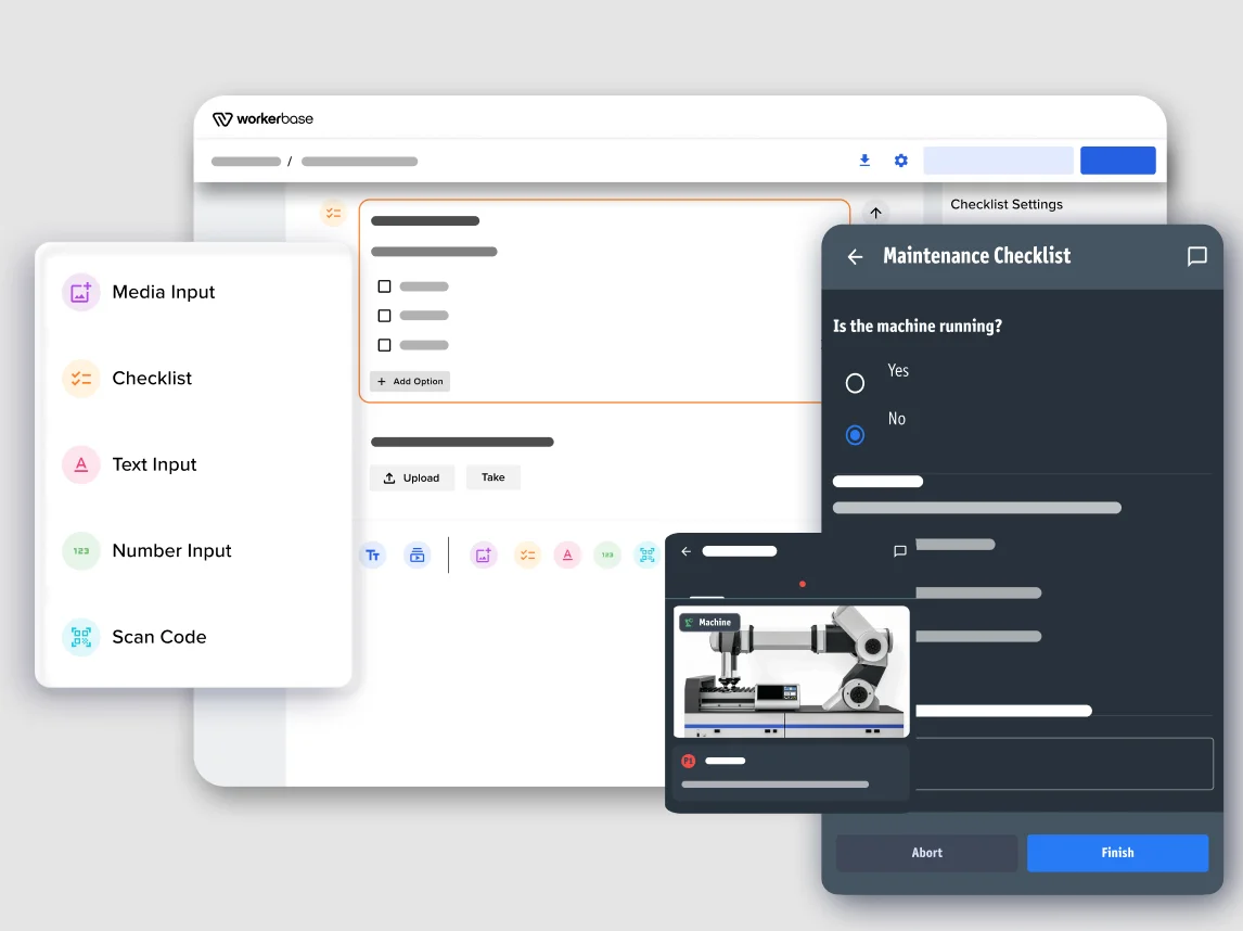 Workerbase checklist builder with input types beside a live Maintenance Checklist preview