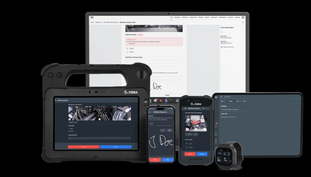 Workerbase checklist on phone, tablet and handheld: photo, measurement, signature and pass/fail
