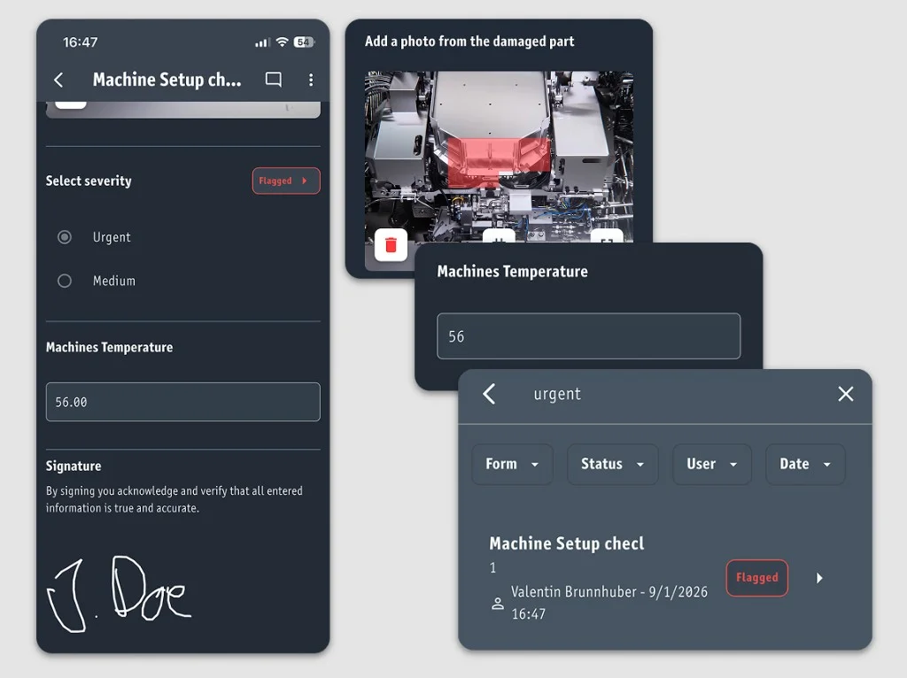 Workerbase measurement: temperature value, photo of the part, and pass/fail on phone