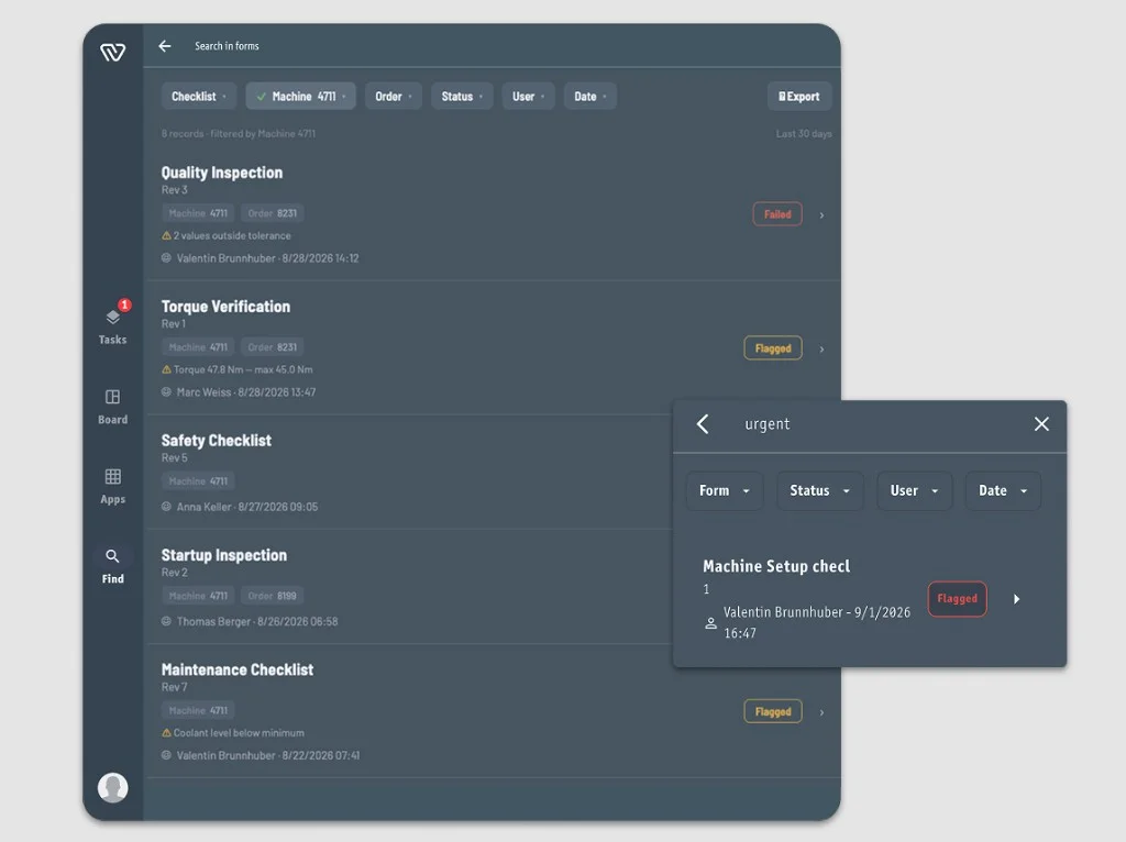 Checklist records with search, filters, Machine 4711 context, status and export