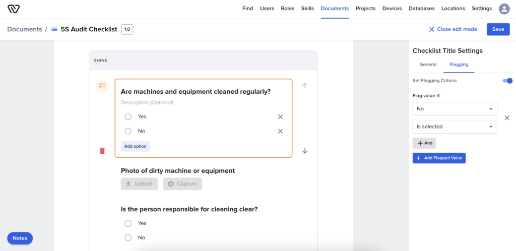 Shows the UI of the Workerbase checklist builder while building a digital 5s checklist.